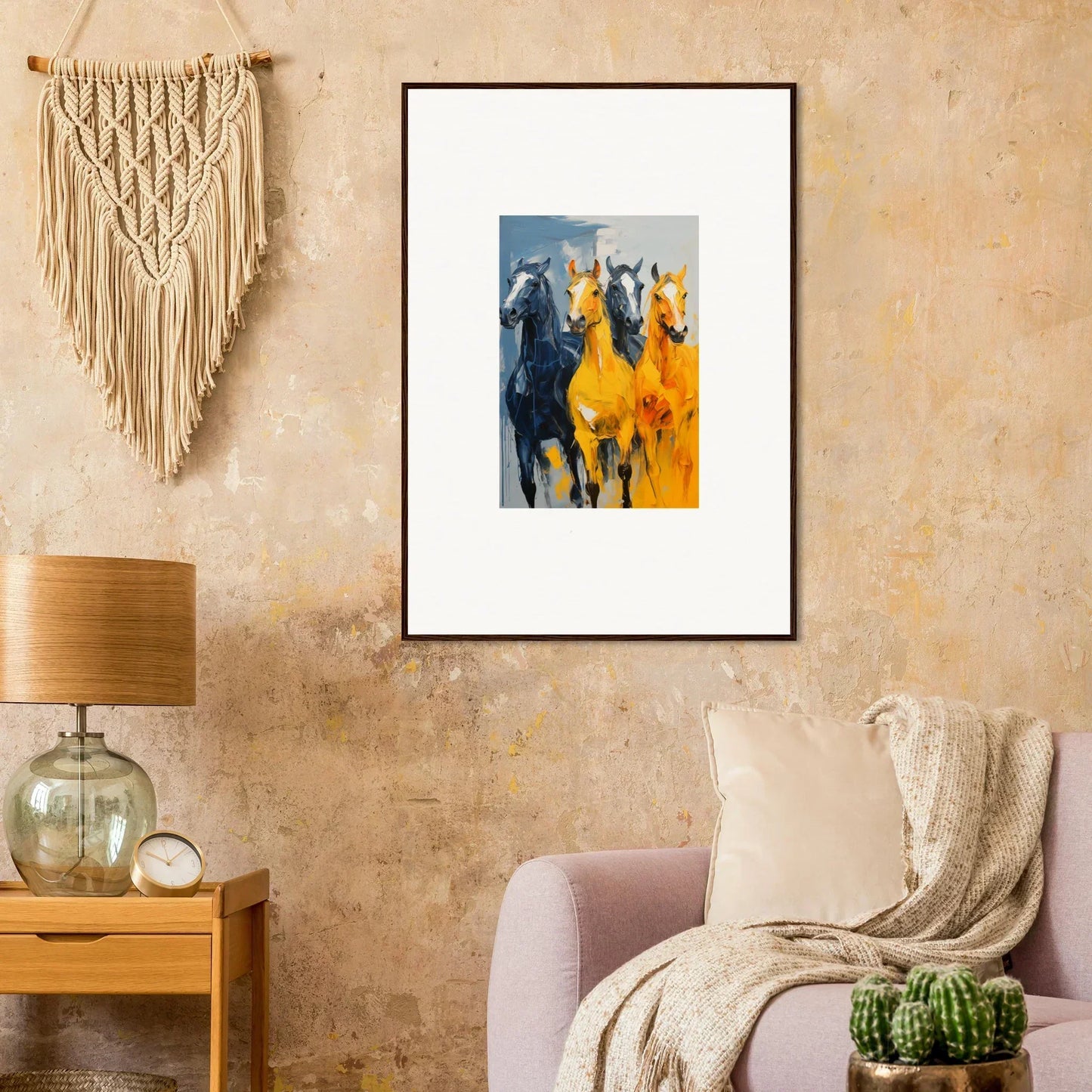 Framed canvas print of vibrant hued mares for stylish room decoration