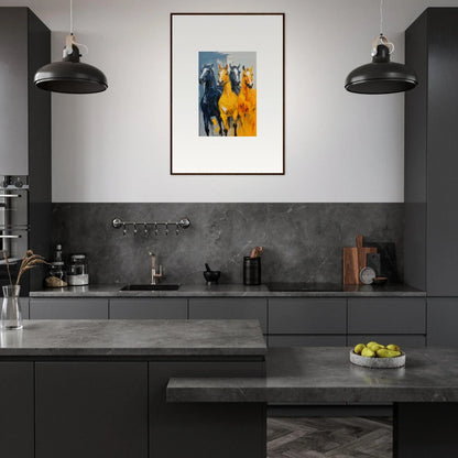 Modern kitchen with dark cabinets, concrete counters, and a vibrant Hued Mares canvas print