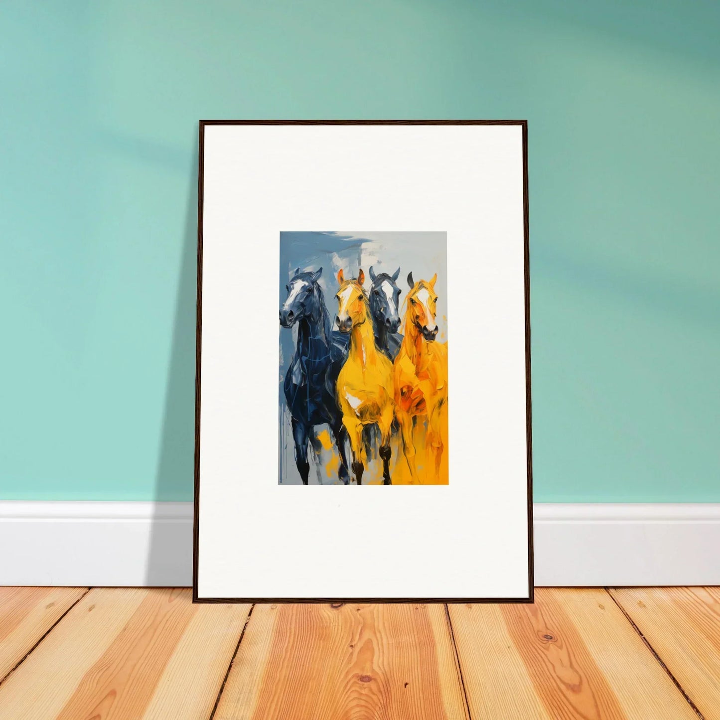 Framed canvas print of colorful hued mares perfect for room decoration