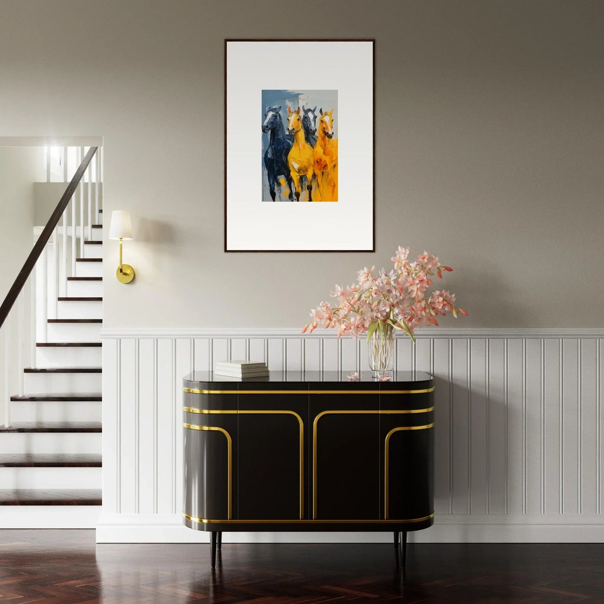 Elegant black and gold sideboard perfect for room decoration with hued mares theme