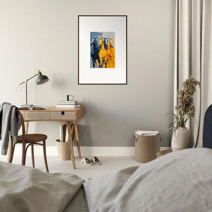 Framed canvas print of hued mares with a vibrant blue and orange backdrop for room decoration