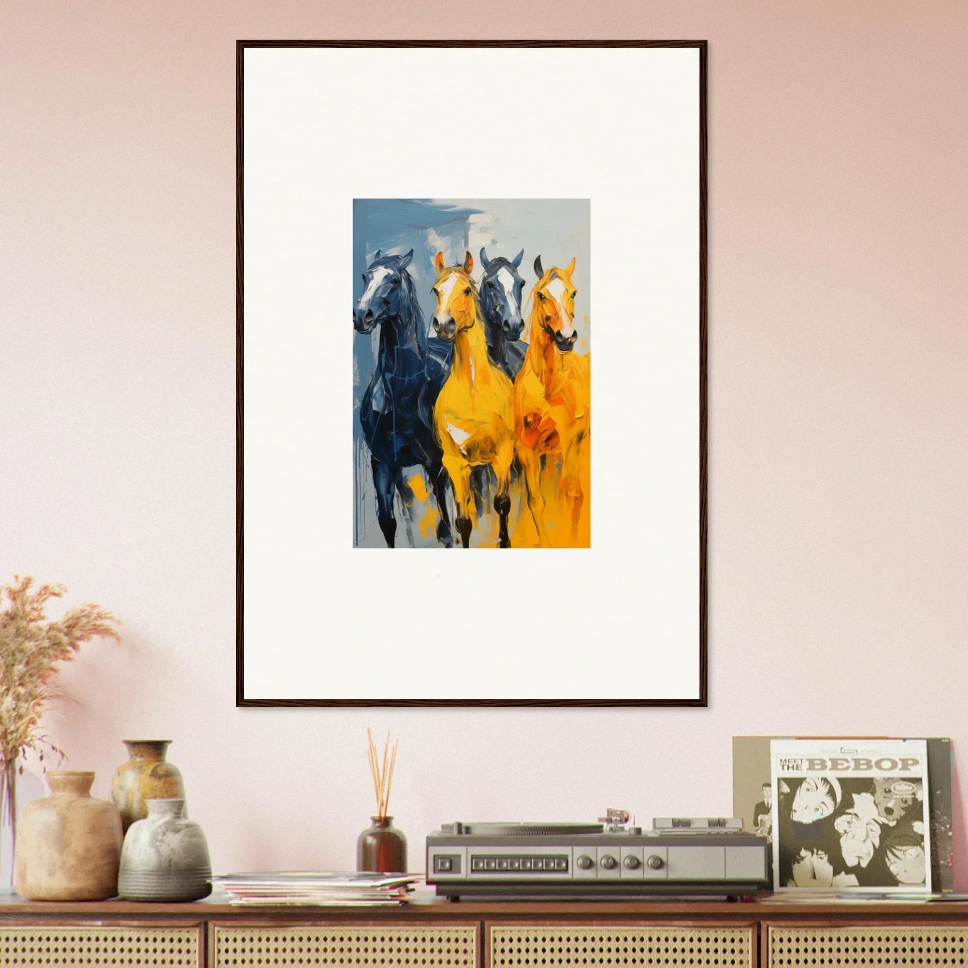 Framed canvas print of hued mares galloping in blue and yellow for room decoration