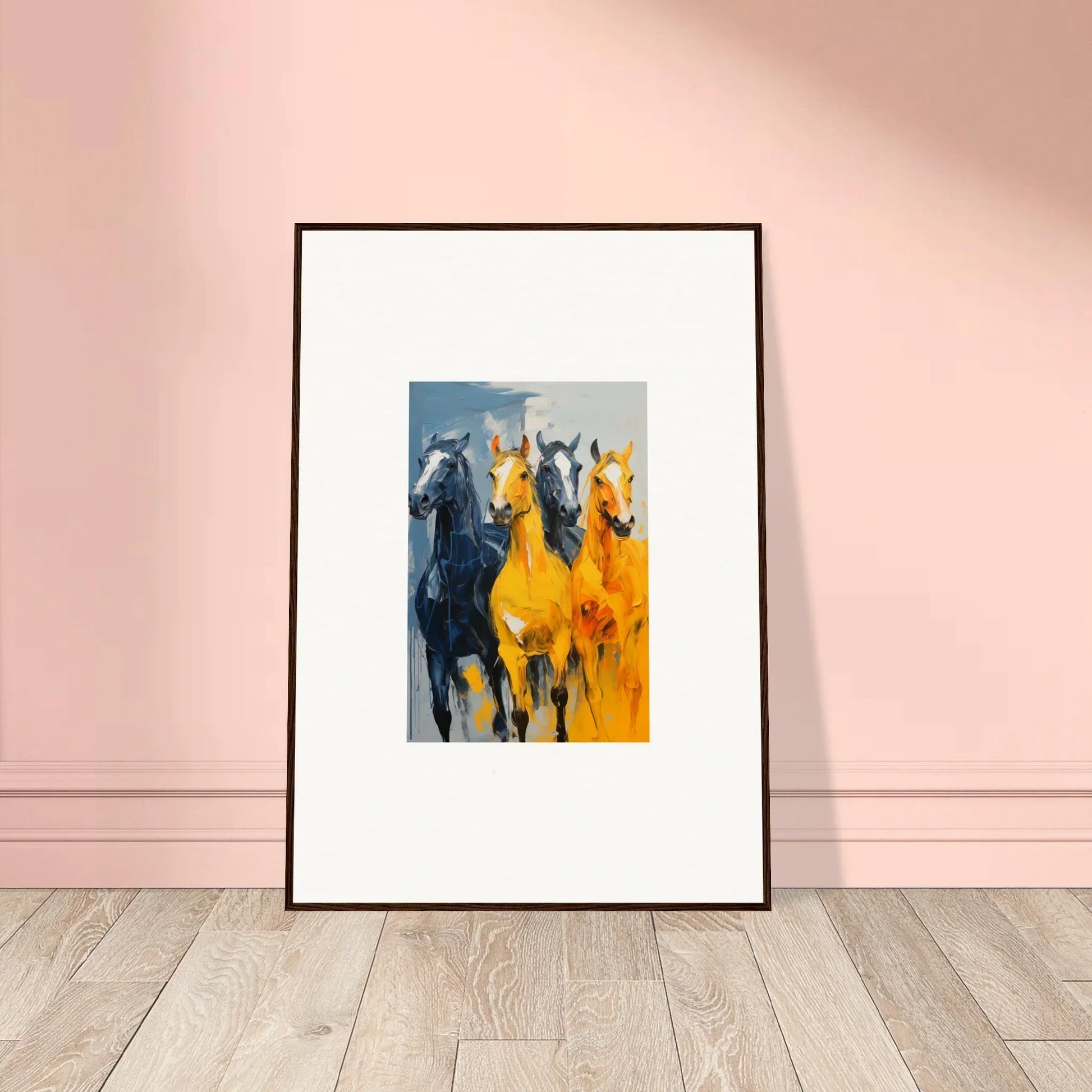 Framed canvas print of hued mares galloping, perfect for vibrant room decoration