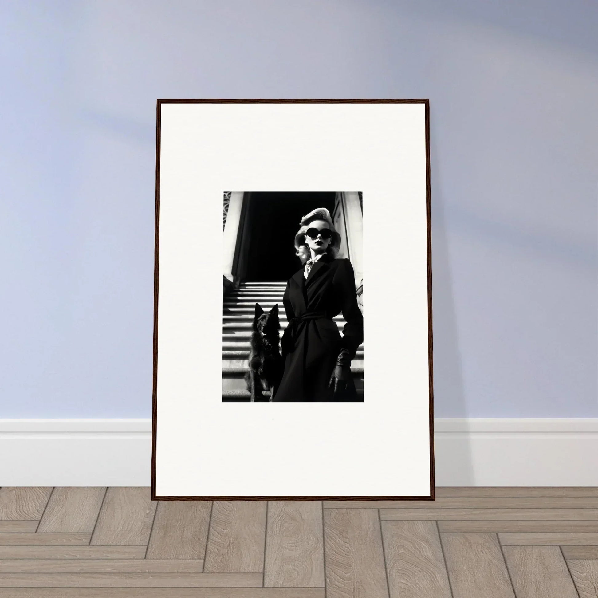 Framed black and white wall art of a person in sunglasses for cool room decoration