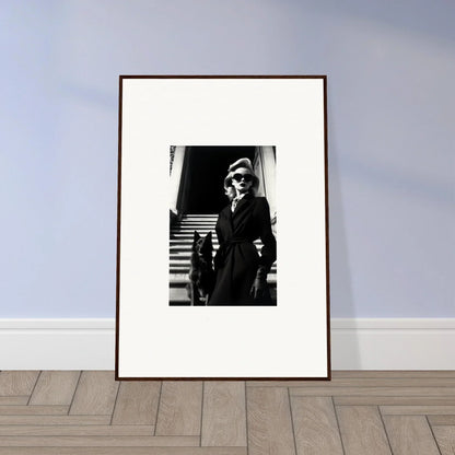 Framed black and white wall art of a person in sunglasses for cool room decoration