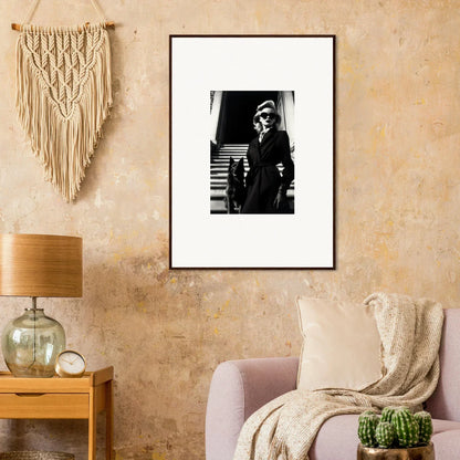 Framed black and white wall art of a person in formal attire on stairs, perfect for room decoration