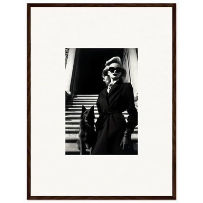 Black and white wall art of a woman in a coat with a dog on stairs for room decoration