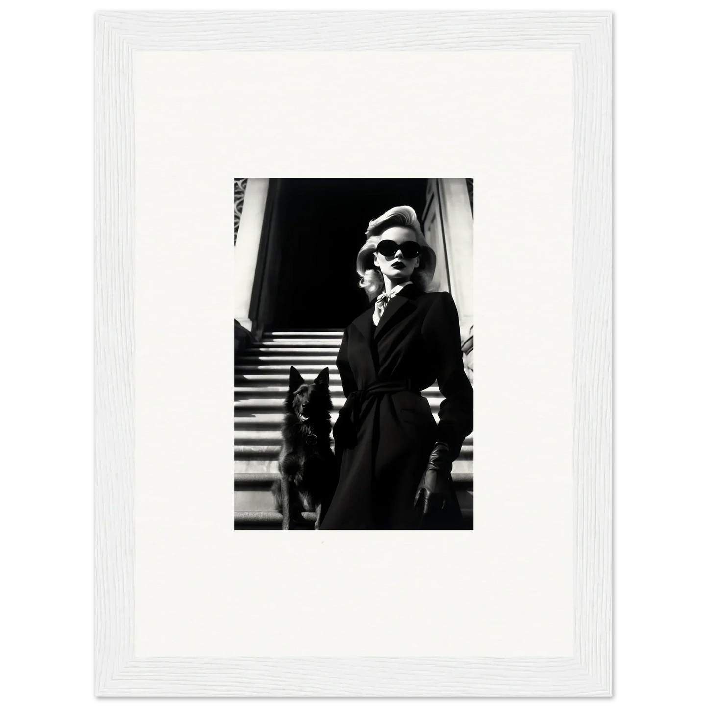 Black and white wall art of a person in a coat with a dog on stairs, perfect for room decoration