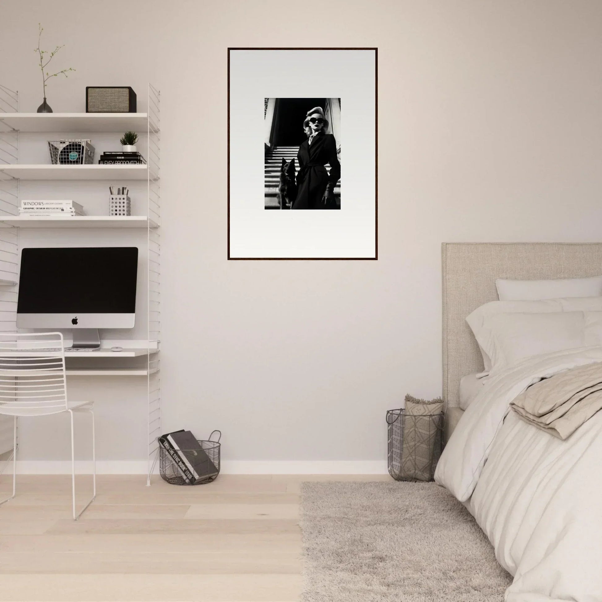 Minimalist bedroom featuring a striking black and white canvas print as wall art