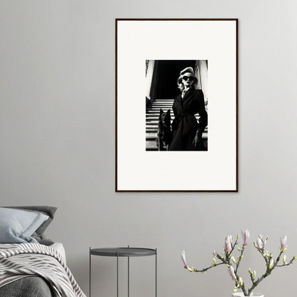 Black and white framed photo of people on stairs, perfect for room decoration or wall art