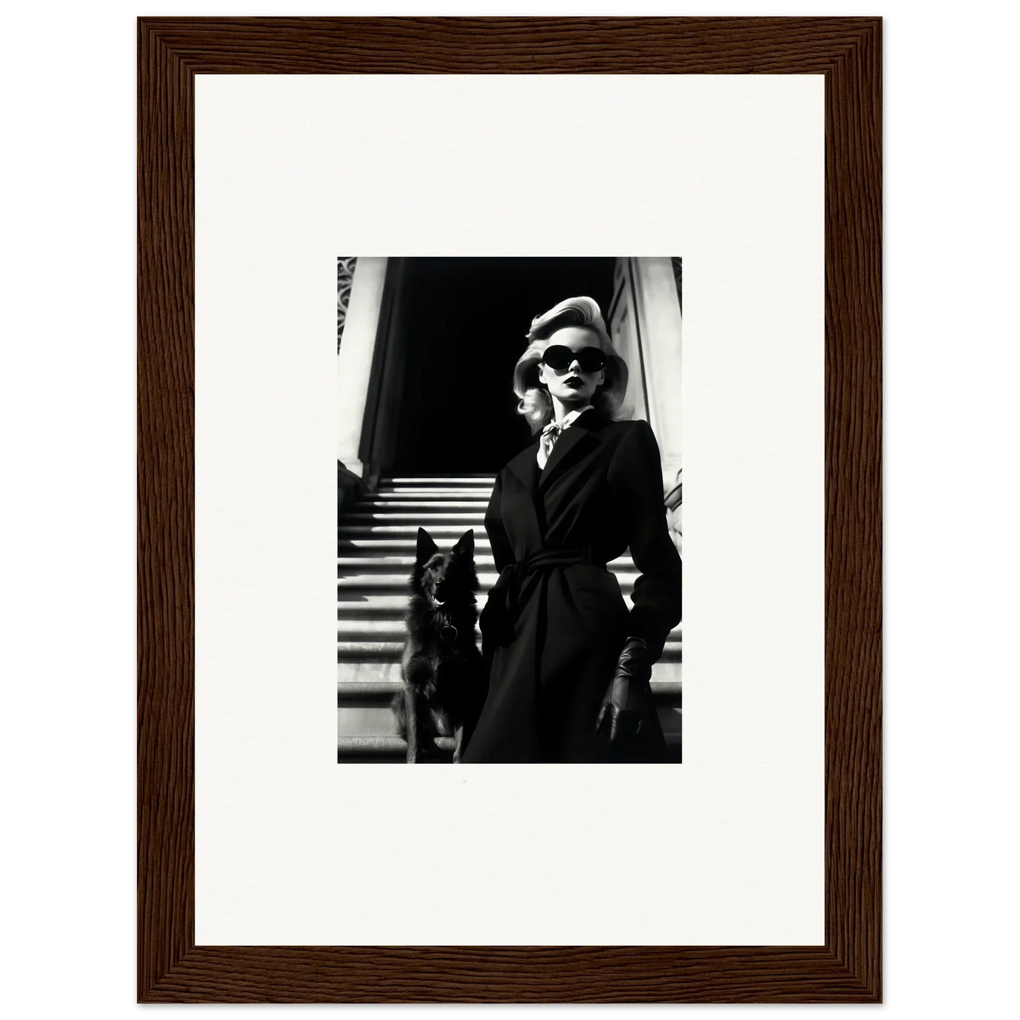 Black and white wall art of a woman in a coat with a dog on stairs for room decoration