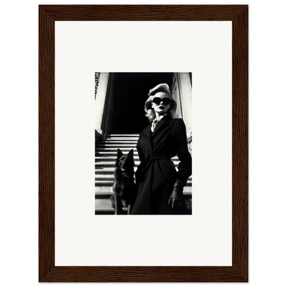 Black and white wall art of a woman in a coat with a dog on stairs for room decoration