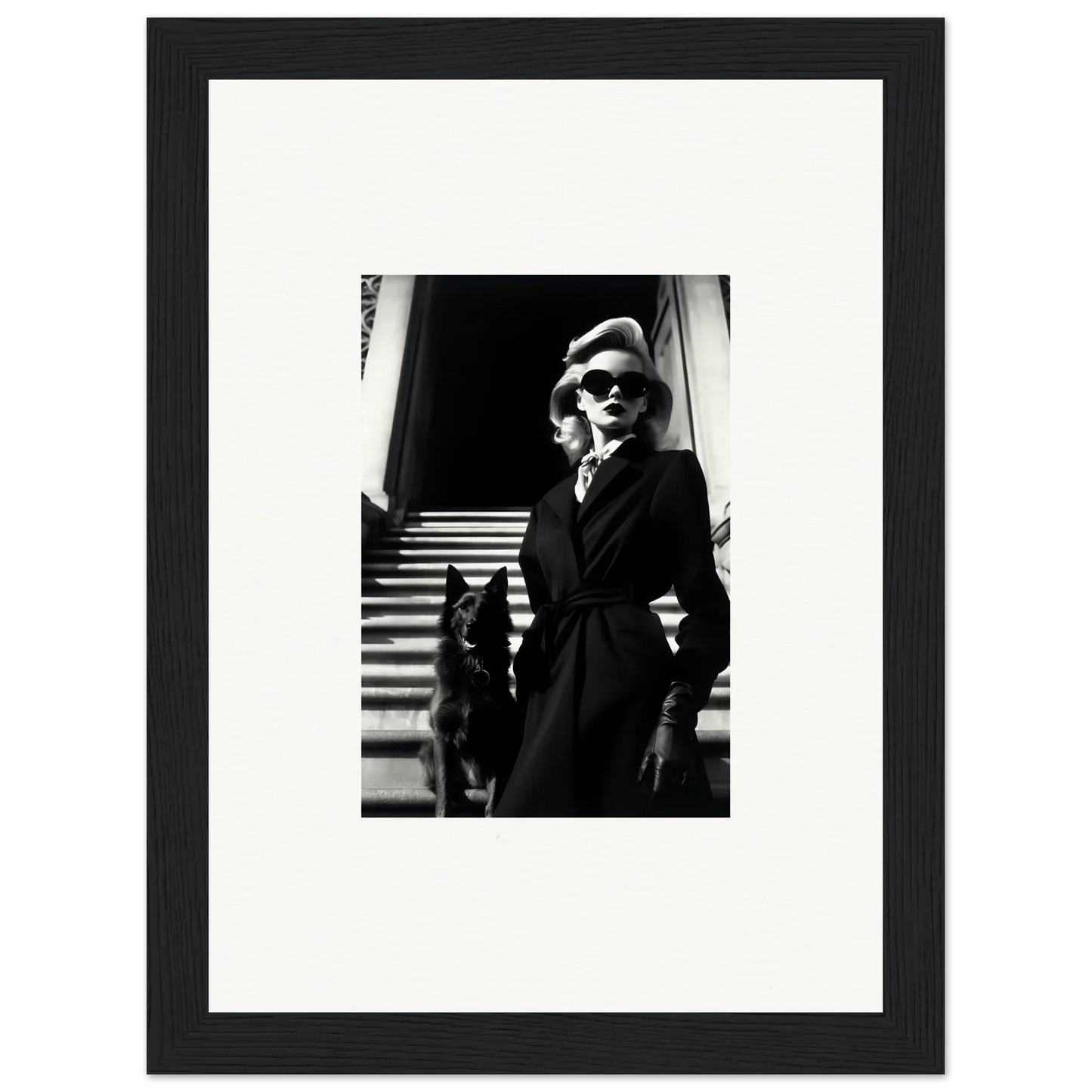 Black and white wall art of person with dog on stairs, perfect for room decoration