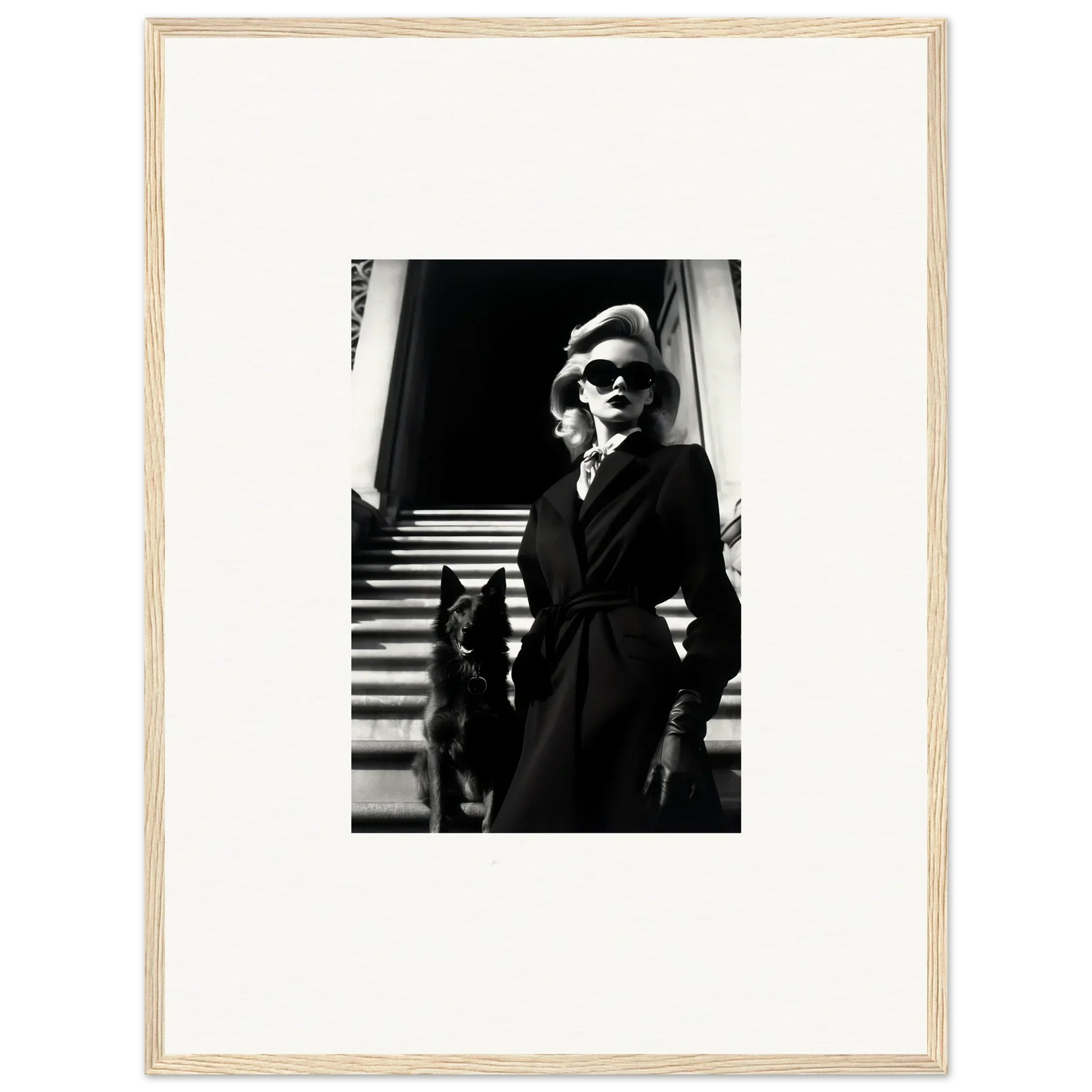 Black and white wall art of a woman in a coat with her dog on stairs, perfect for room decoration