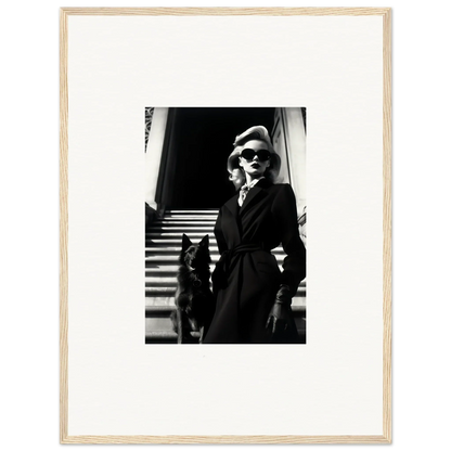 Black and white wall art of a woman in a coat with her dog on stairs, perfect for room decoration