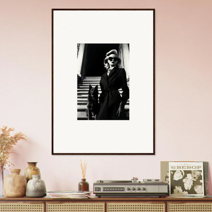 Framed black and white wall art of a person in a coat on stairs for stylish room decoration