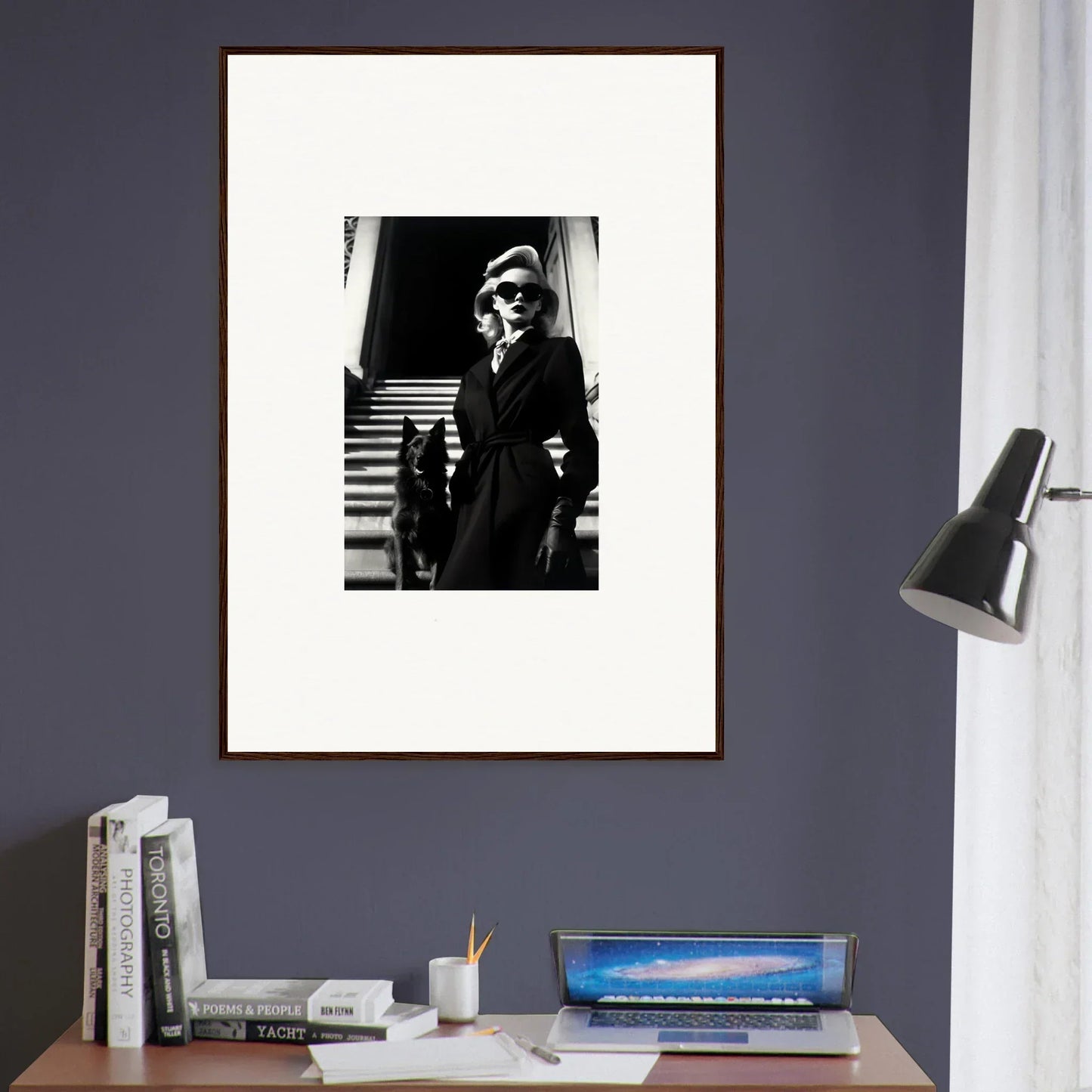 Framed black and white photo of a stylish woman for chic room decoration wall art