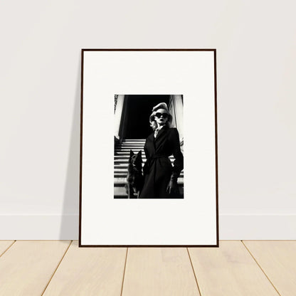 Framed black and white wall art of a person on stairs for stylish room decoration