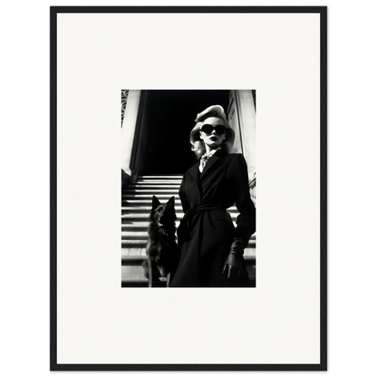 Black and white wall art of a woman, dog, and stairs for stylish room decoration