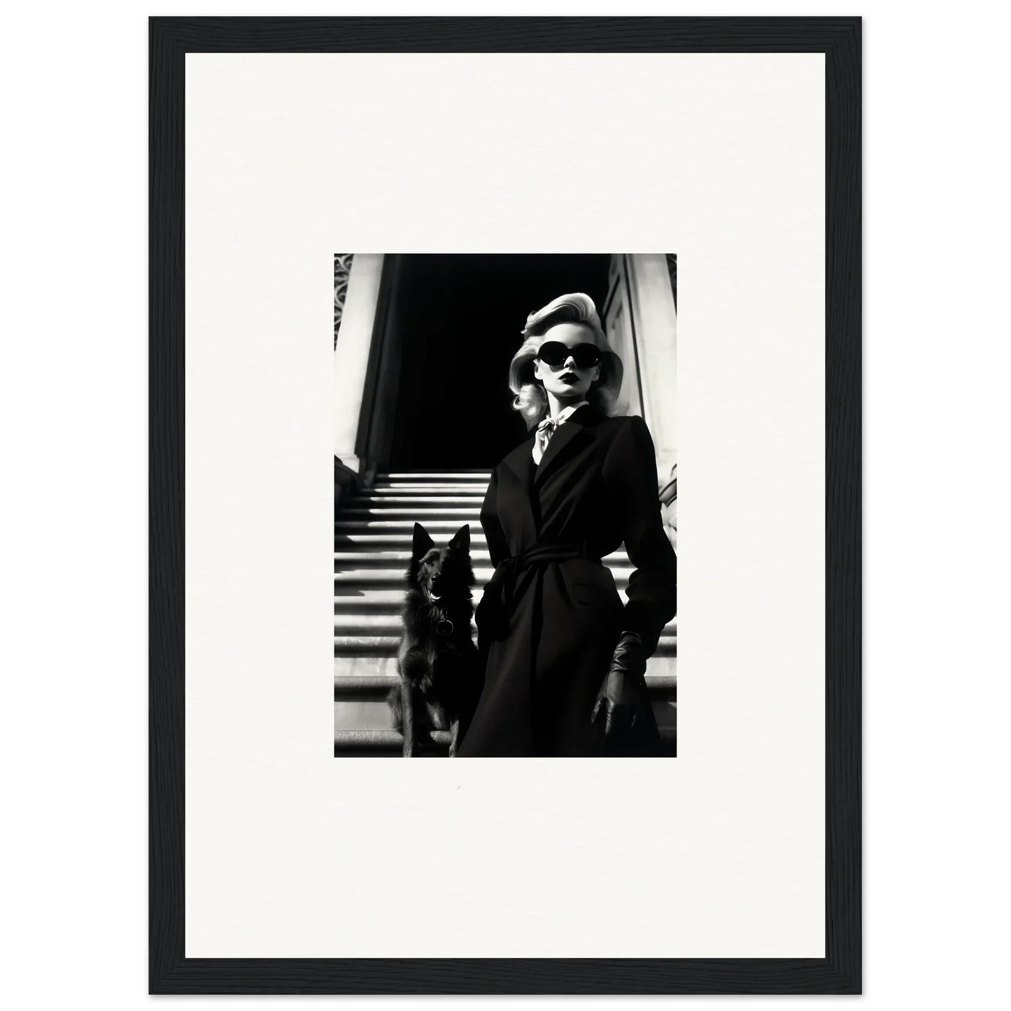 Black and white wall art of a woman in a coat with a dog on stairs for room decoration