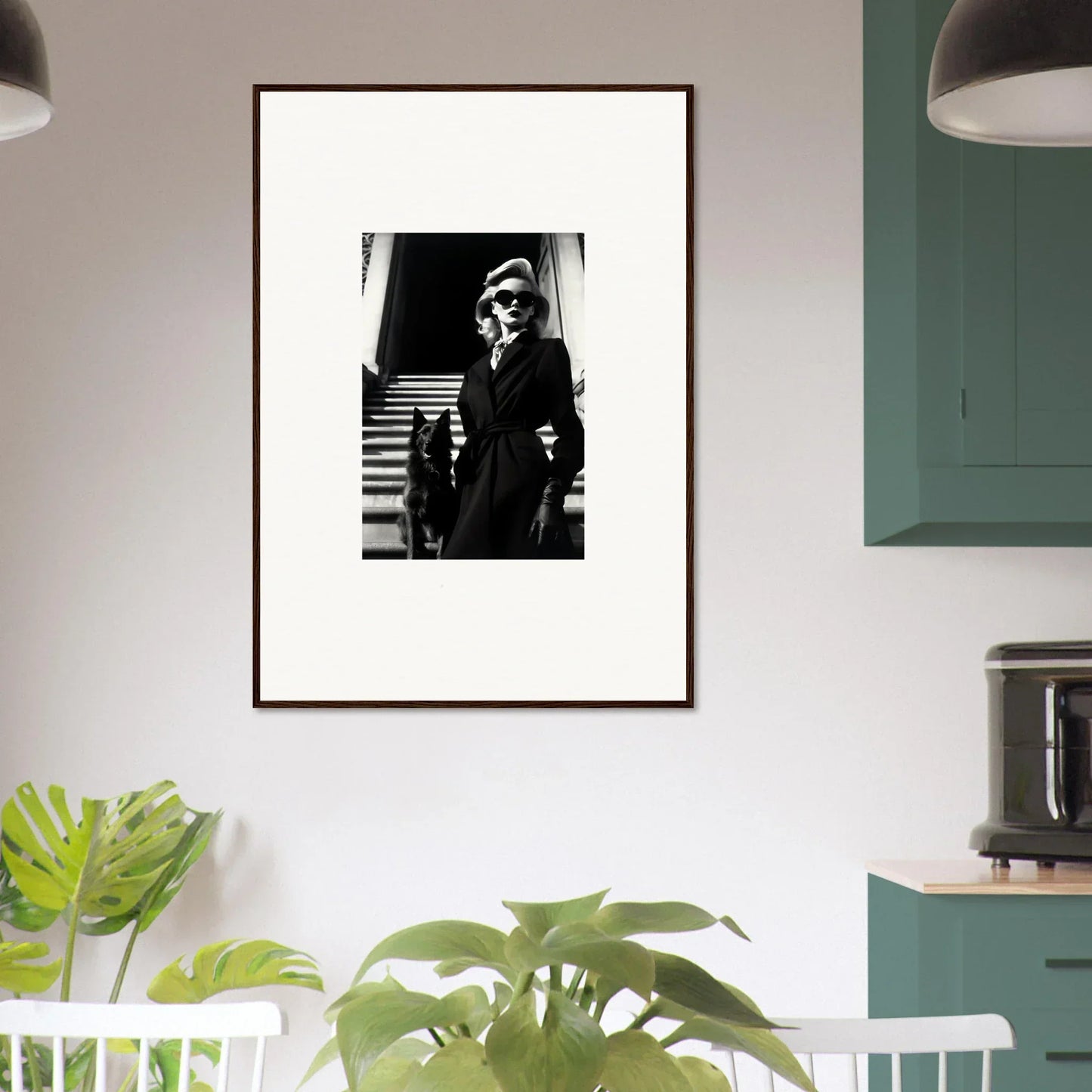 Framed black and white photo of a person on stairs, stylish wall art for room decoration