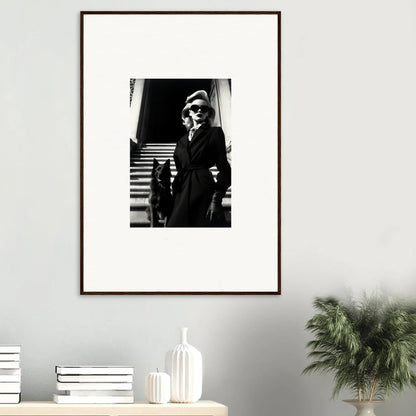 Framed black and white wall art of a woman in 1950s clothing on stairs for room decoration