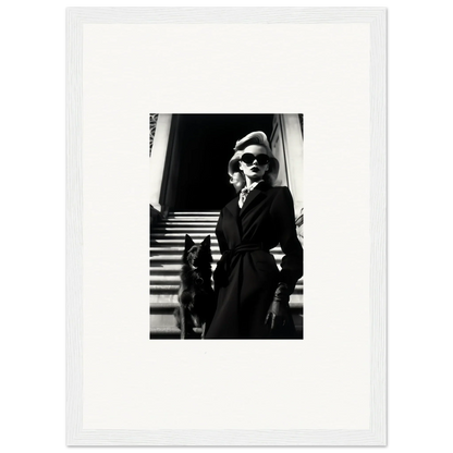 Black and white wall art of a woman in a coat with a dog on stairs, perfect for room decoration