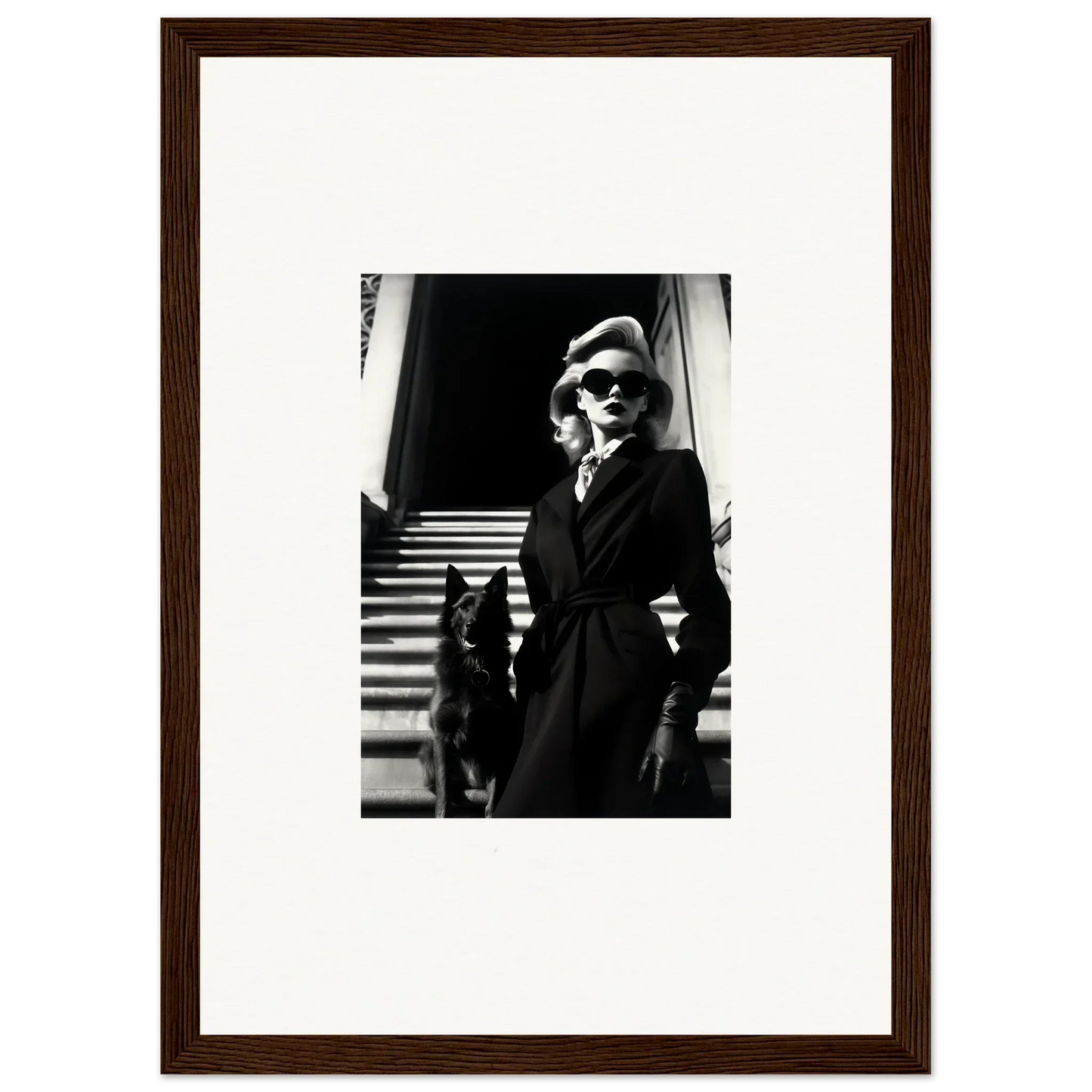 Black and white wall art of a woman in a coat with her dog on stairs for room decoration