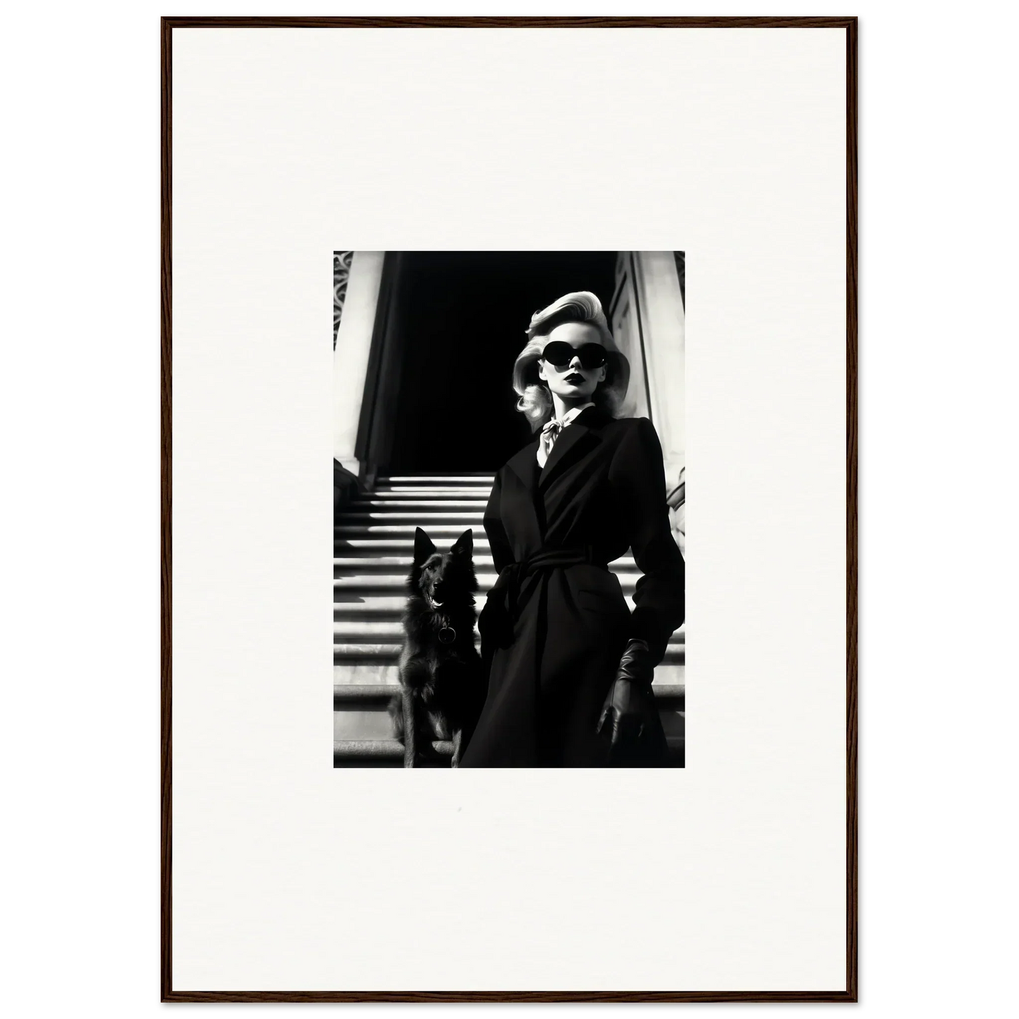 Black and white canvas print of a woman in a dark coat with a dog, perfect wall art