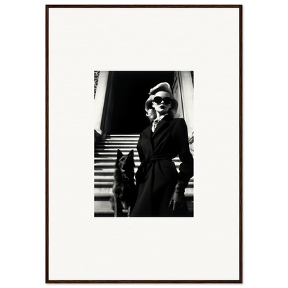 Black and white canvas print of a woman in a dark coat with a dog, perfect wall art