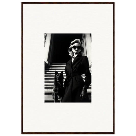 Black and white canvas print of a woman in a dark coat with a dog, perfect wall art