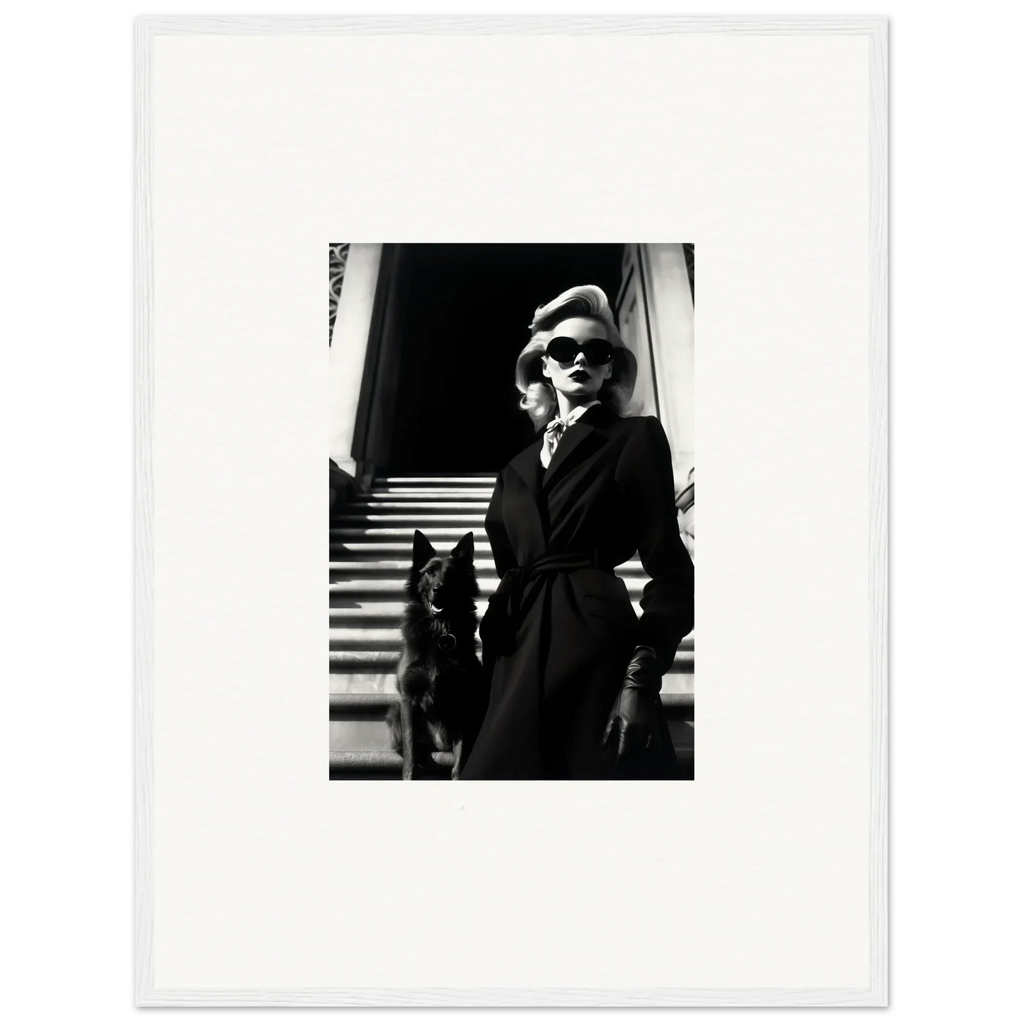 Black and white wall art of a woman in a coat with a dog on stairs for room decoration