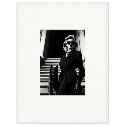 Black and white wall art of a woman in a coat with a dog on stairs for room decoration