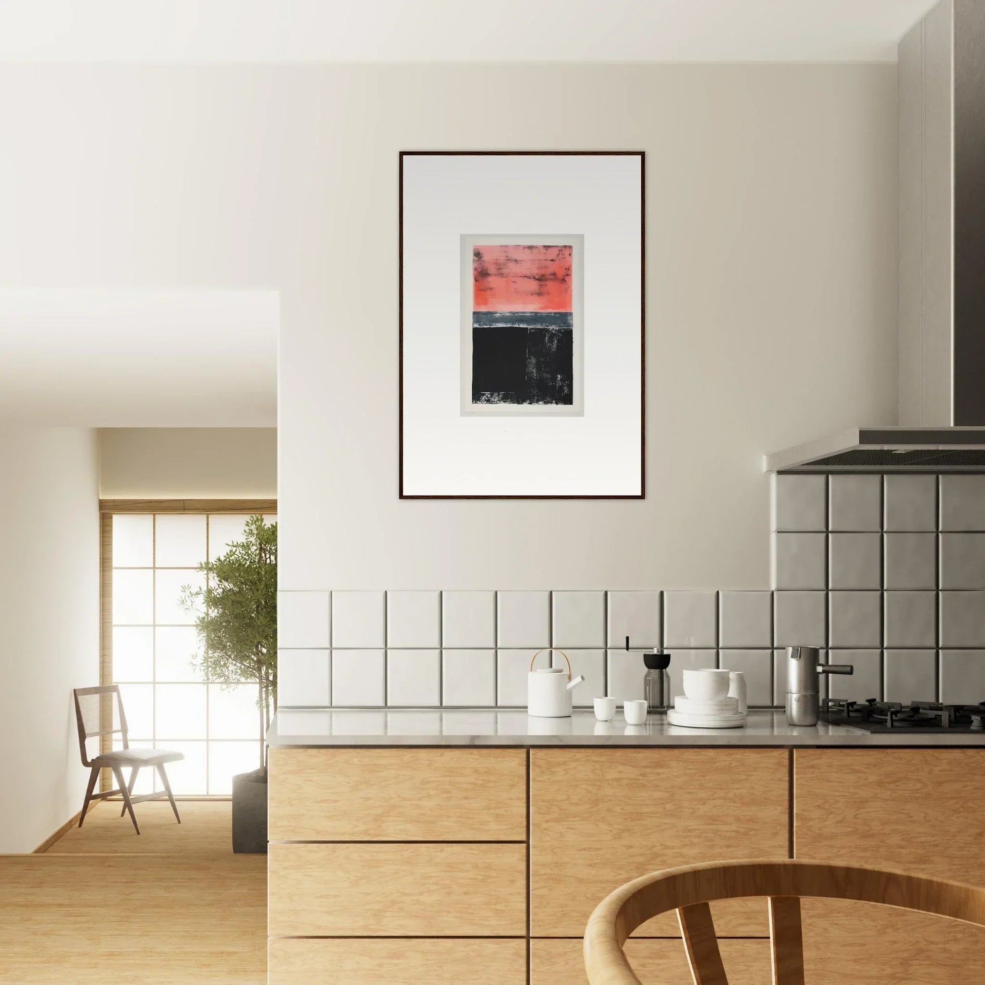 Modern kitchen showcasing wooden cabinetry and framed wall art for a stylish isolation ritual