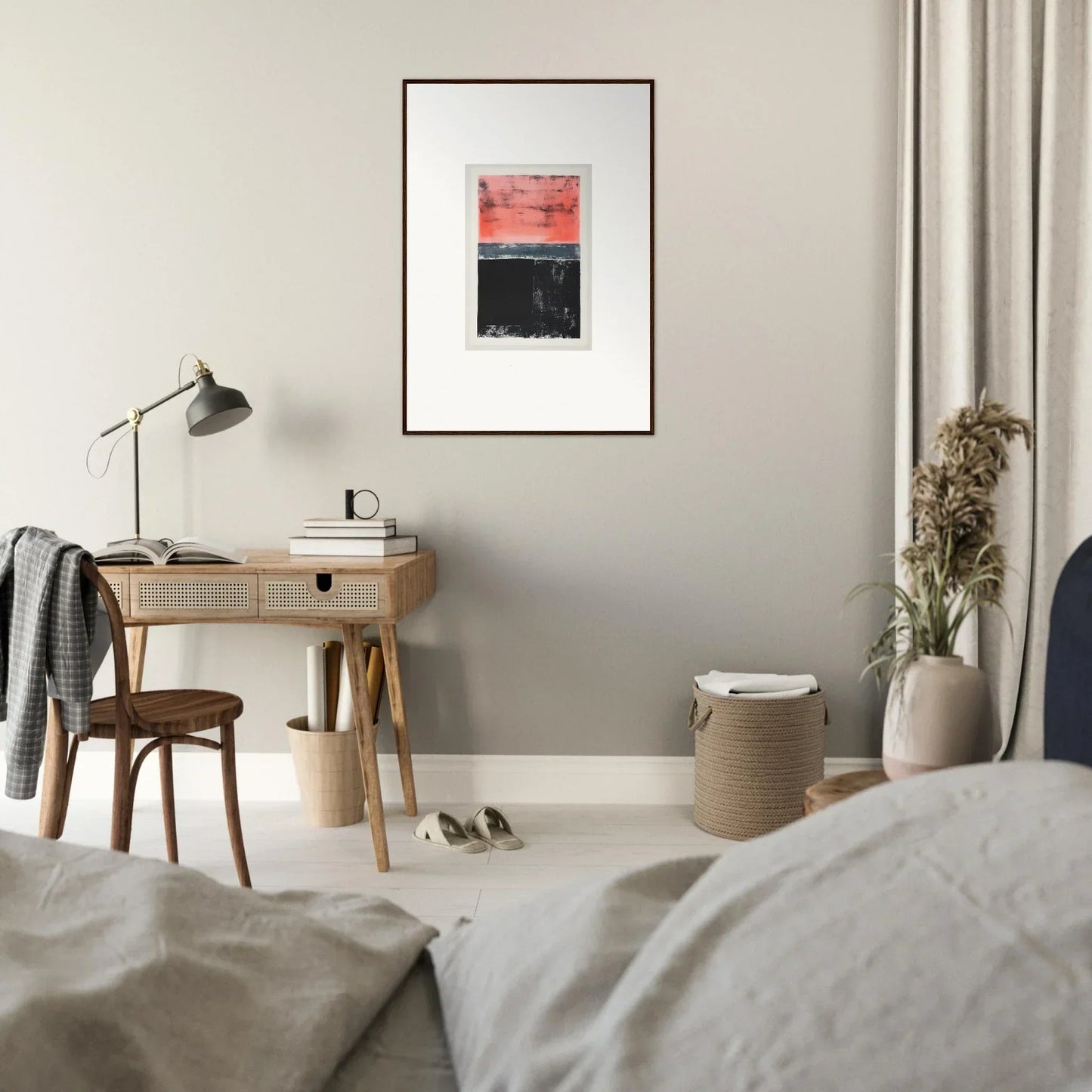 Framed abstract wall art featuring red and black color blocks for unique room decor