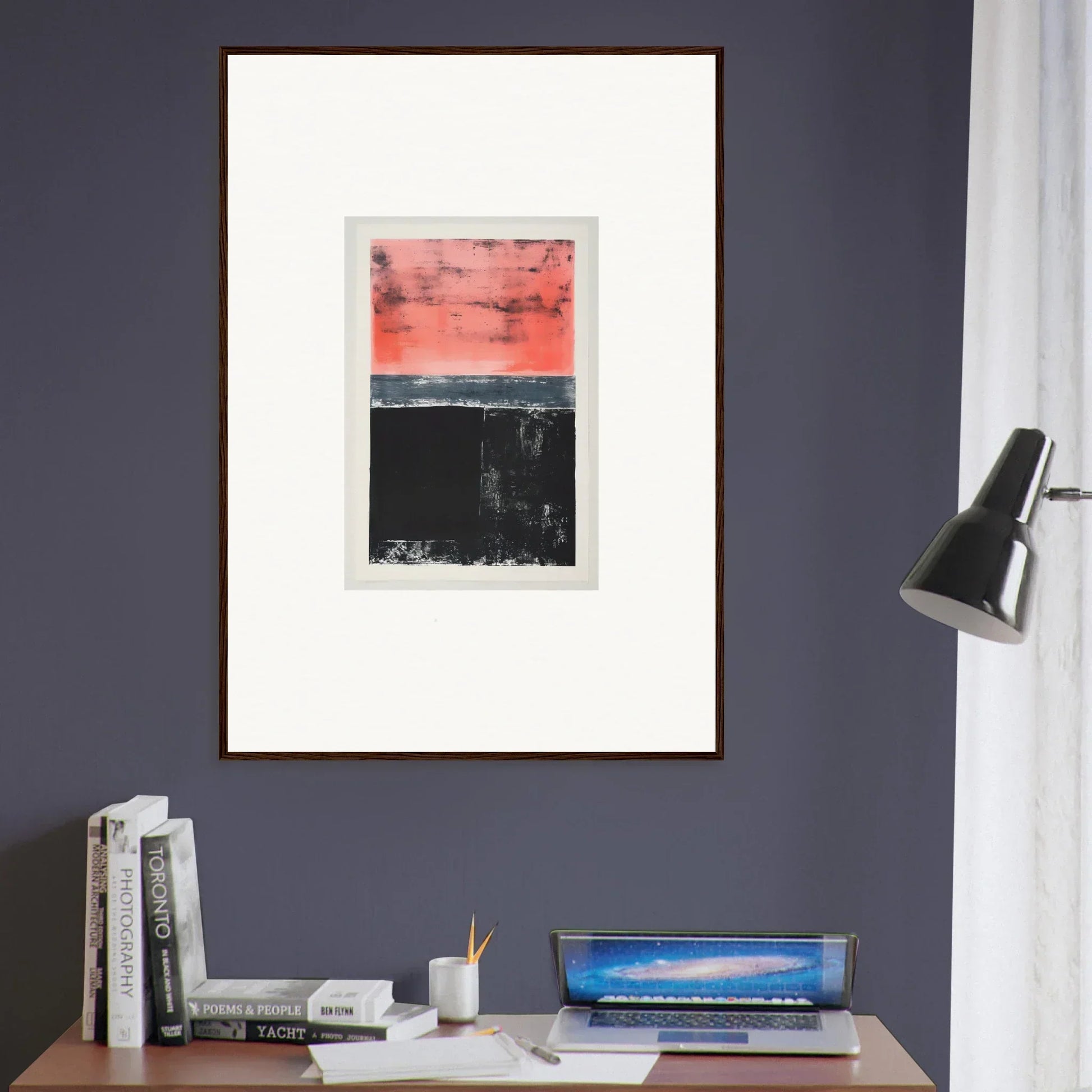 Abstract painting with red sky over dark landscape, perfect for isolation ritual room decor