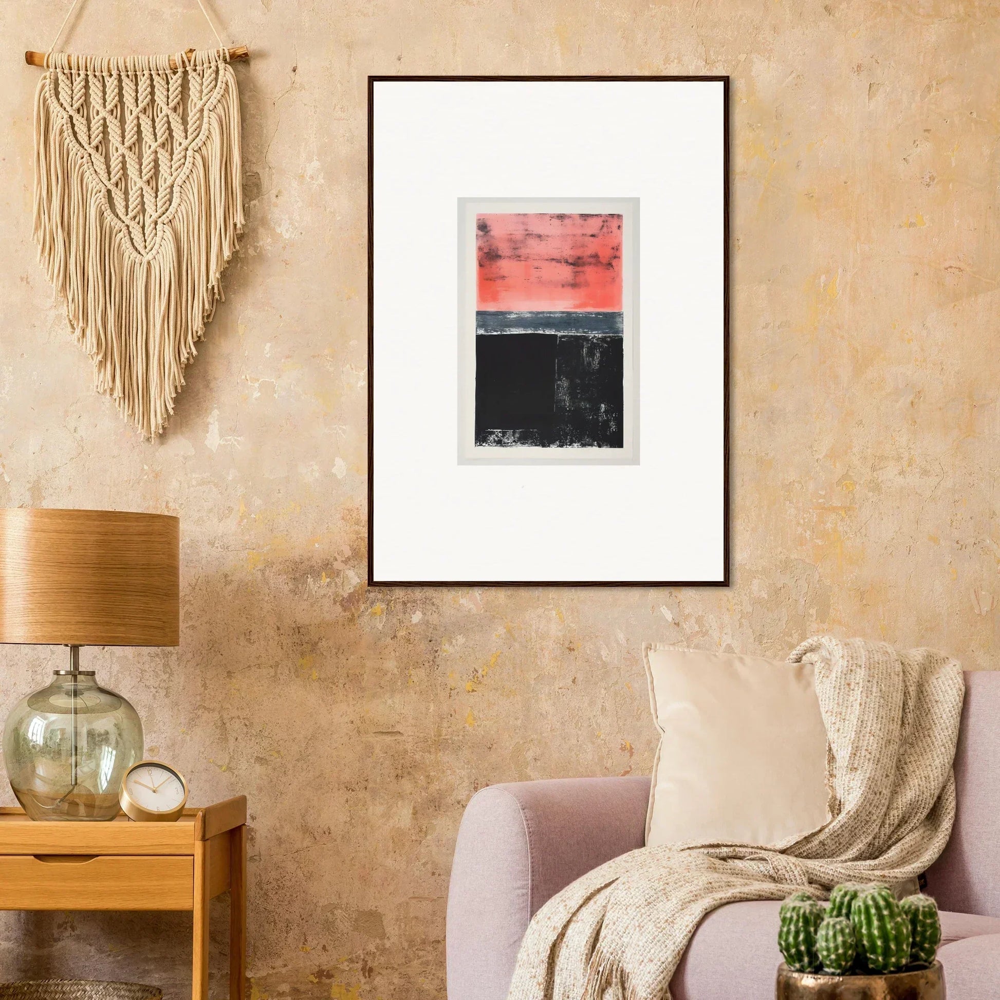 Framed wall art featuring red and black color blocks for an isolation ritual room decor