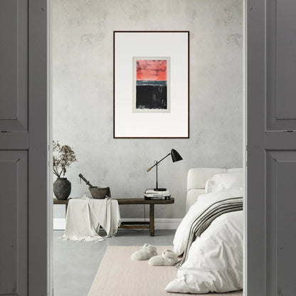 Minimalist bedroom featuring framed wall art, an isolation ritual focal point