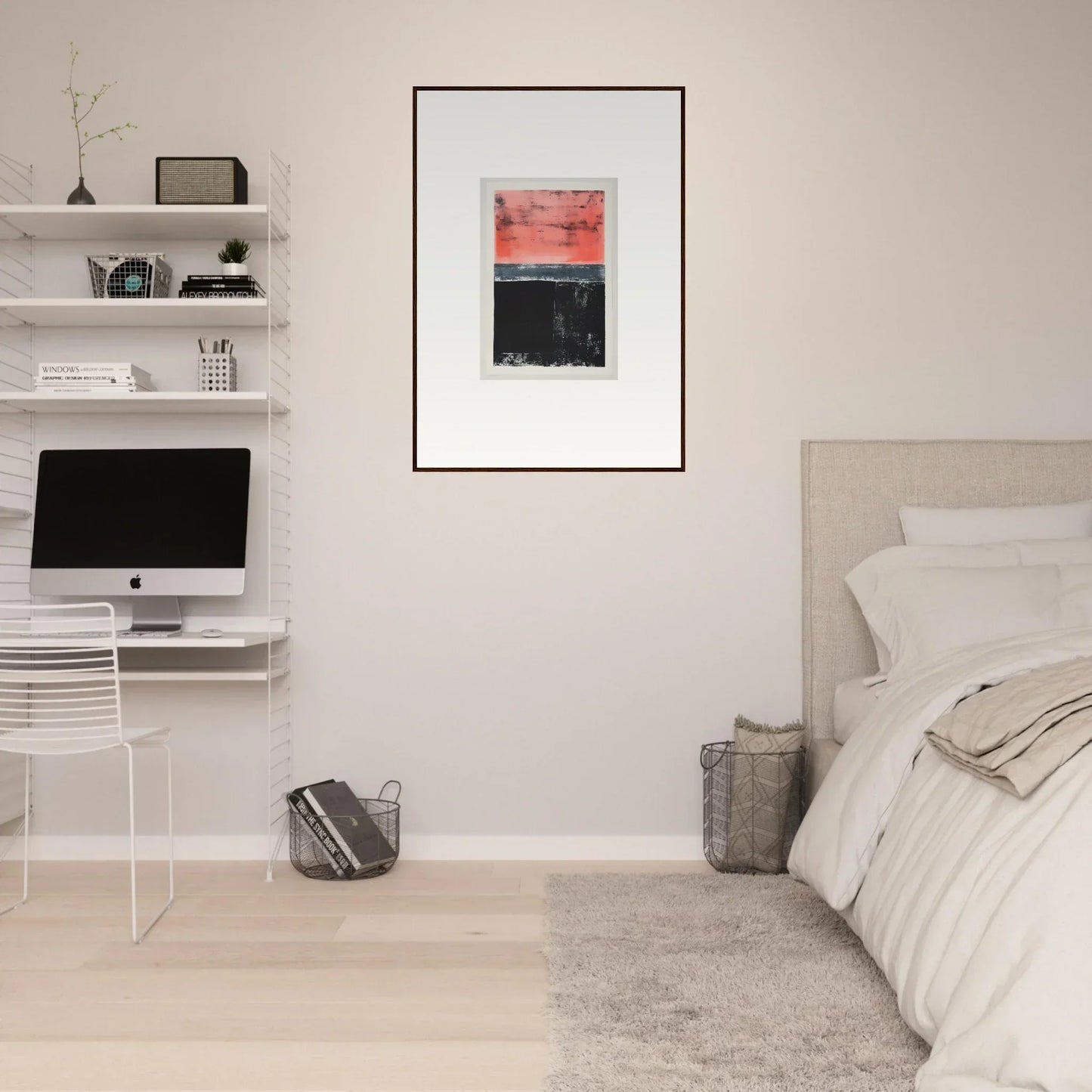 Minimalist bedroom with white walls, floating shelves, and framed wall art for isolation ritual