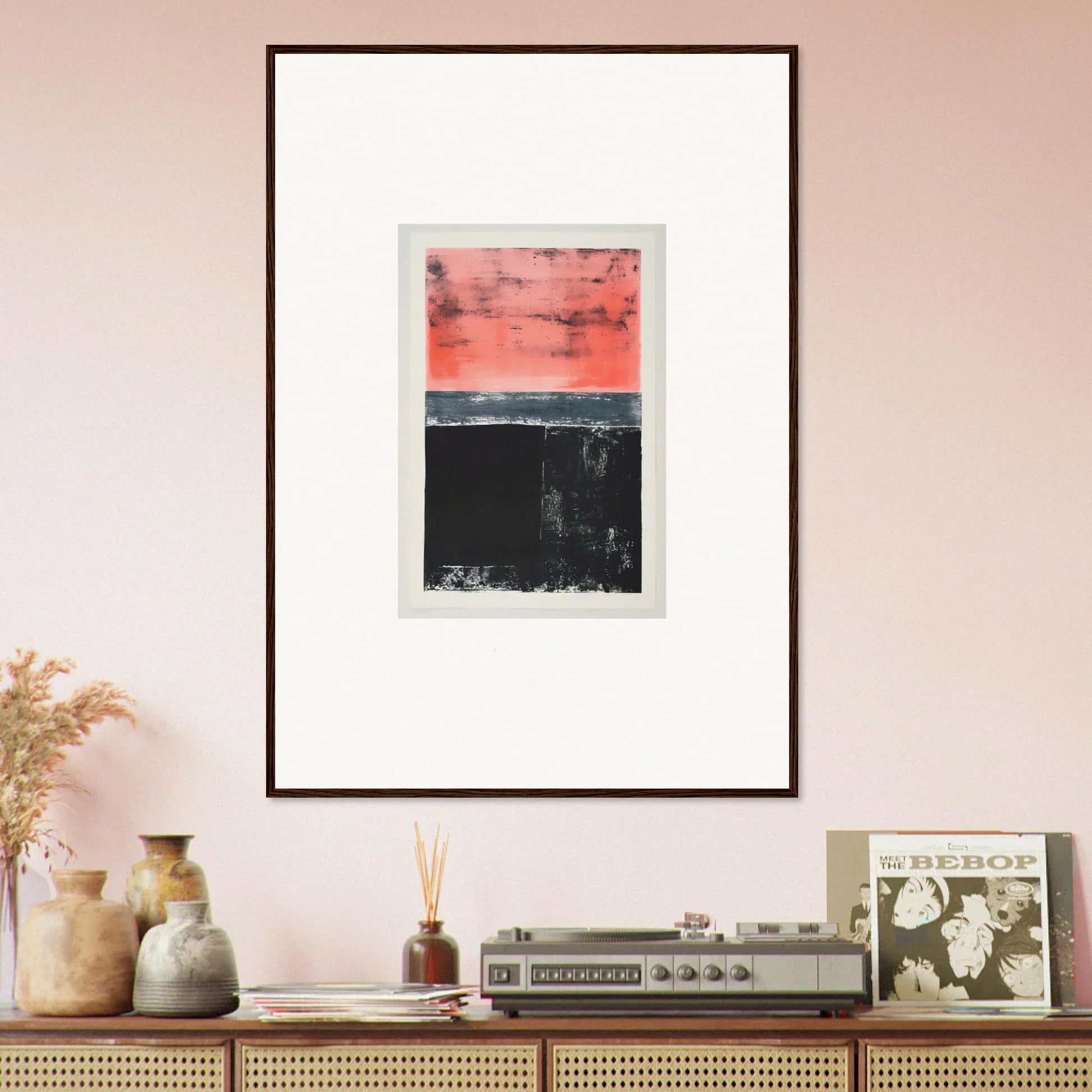 Framed abstract wall art in red and black for unique room decor and isolation ritual inspiration