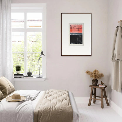 Bright minimalist bedroom featuring cozy bed and framed wall art for isolation ritual