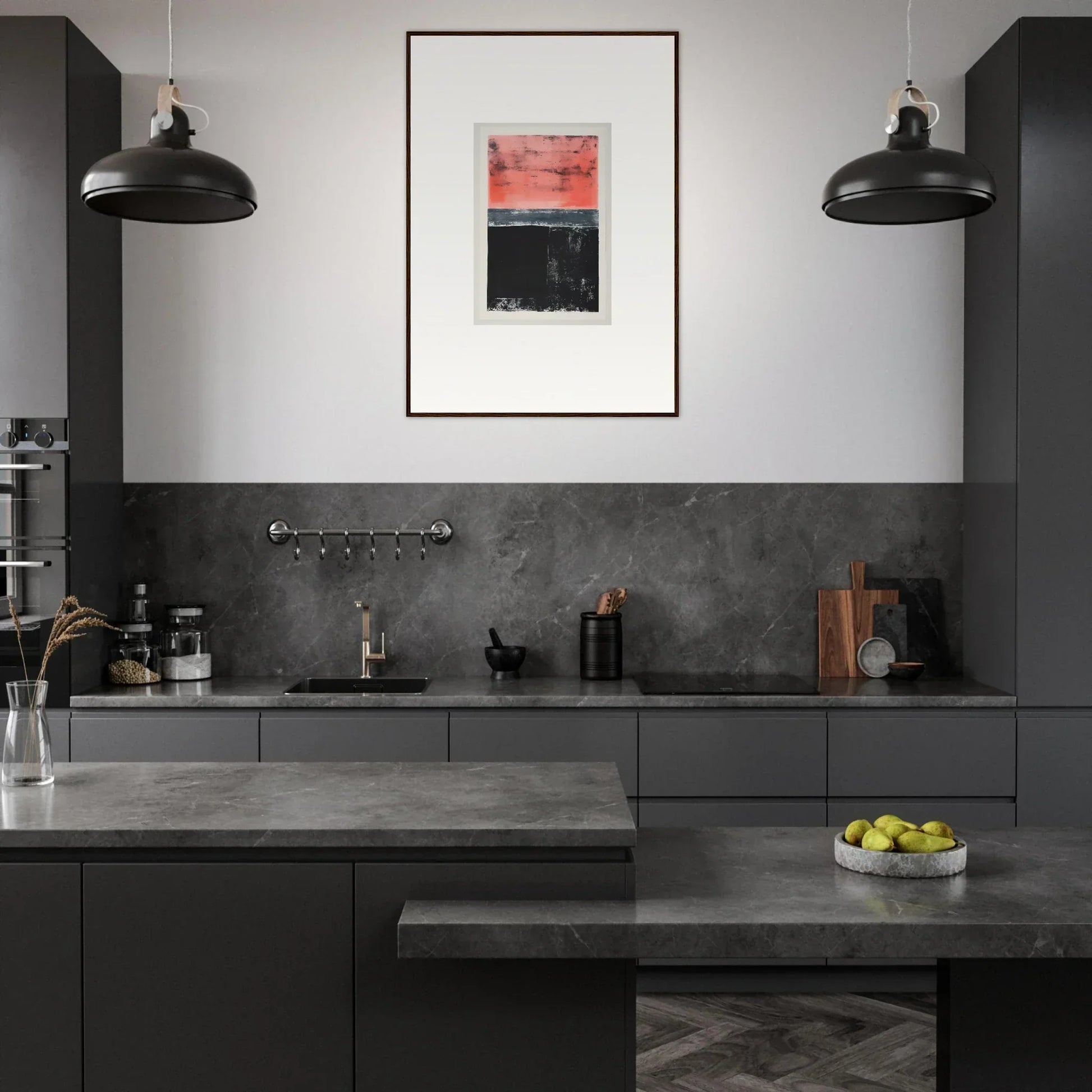 Modern kitchen with dark gray cabinetry, pendant lights, and framed wall art for isolation ritual