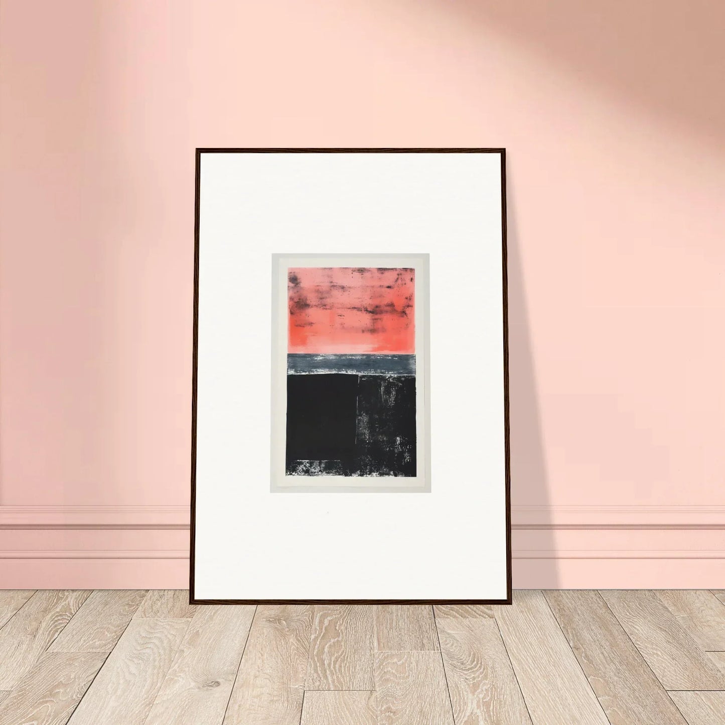 Framed wall art featuring red and black color blocks for modern room decor and isolation ritual