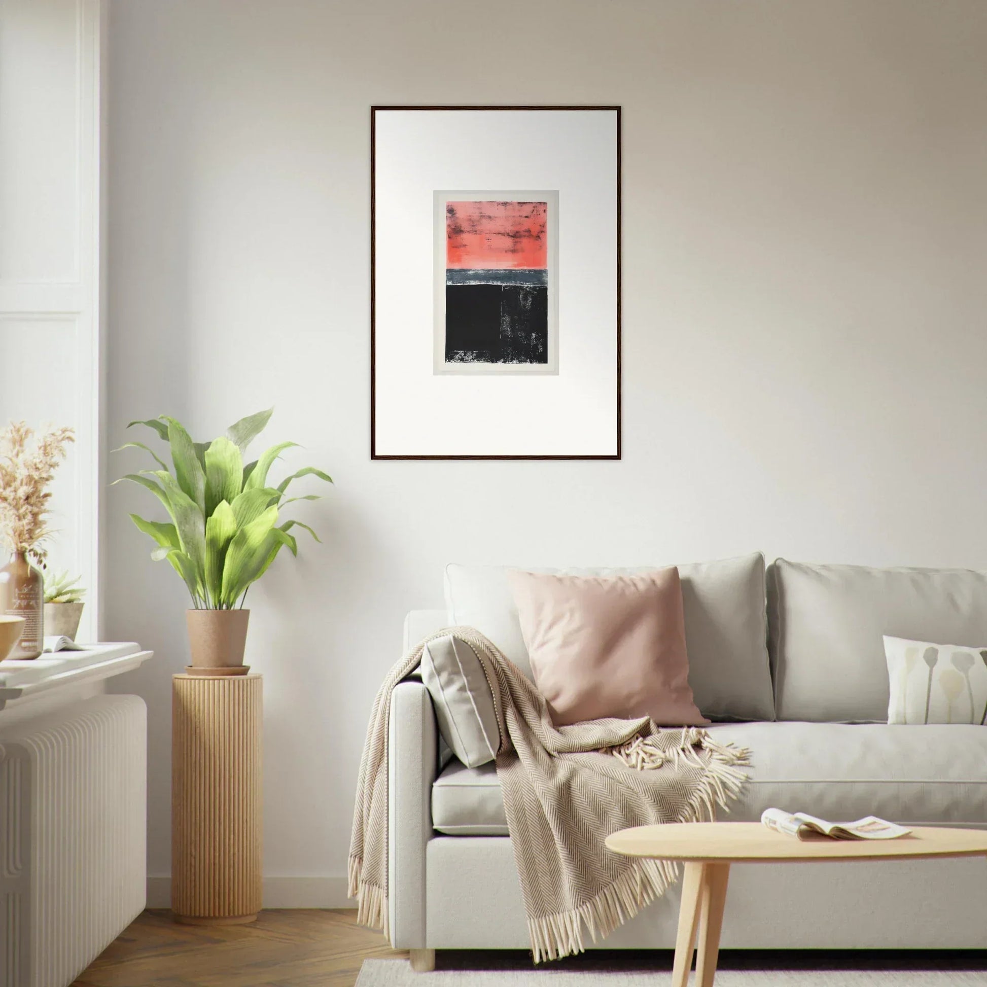 Framed abstract artwork with red and black blocks for stylish room decor and isolation ritual