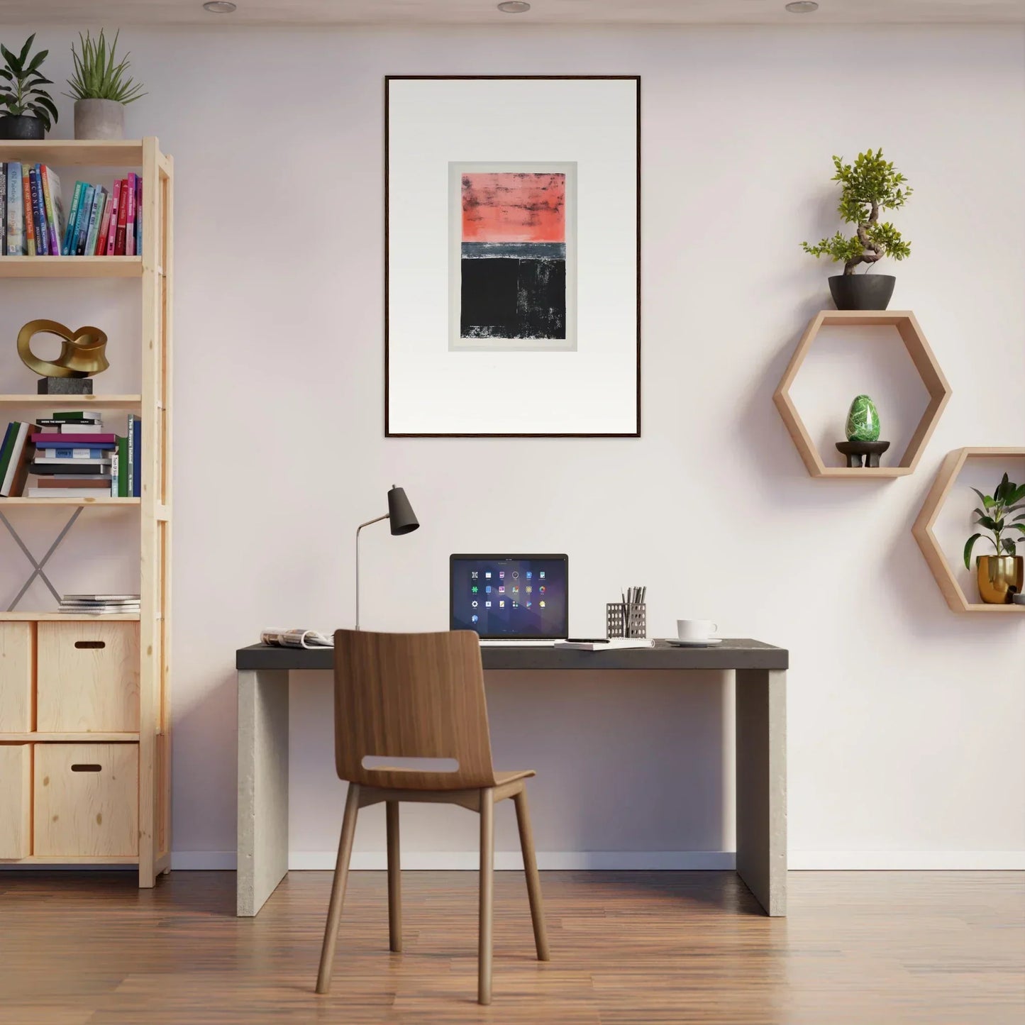 Simple home office workspace with desk, chair, and framed wall art for a calming isolation ritual