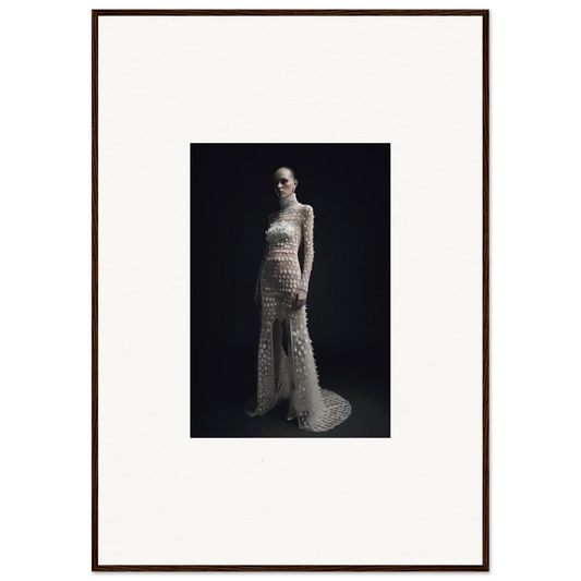 Framed black and white photo of a person in an elegant dress for Nuit Spectrale room decoration