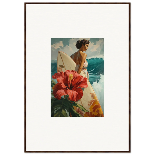 Framed vintage surfer illustration with hibiscus for sublime ripples room decoration