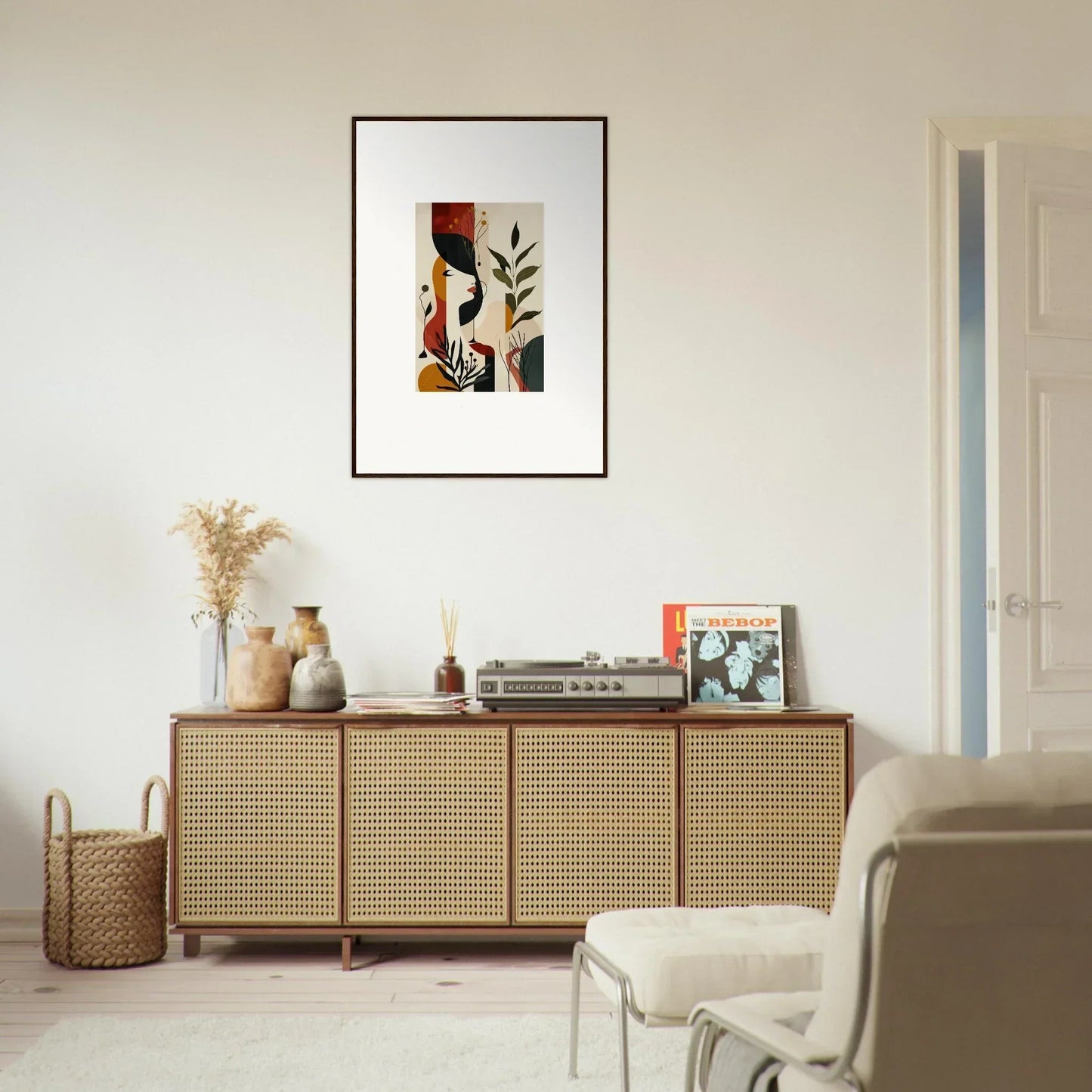 Rattan-fronted wooden sideboard perfect for stylish room decoration with Untold Canvases