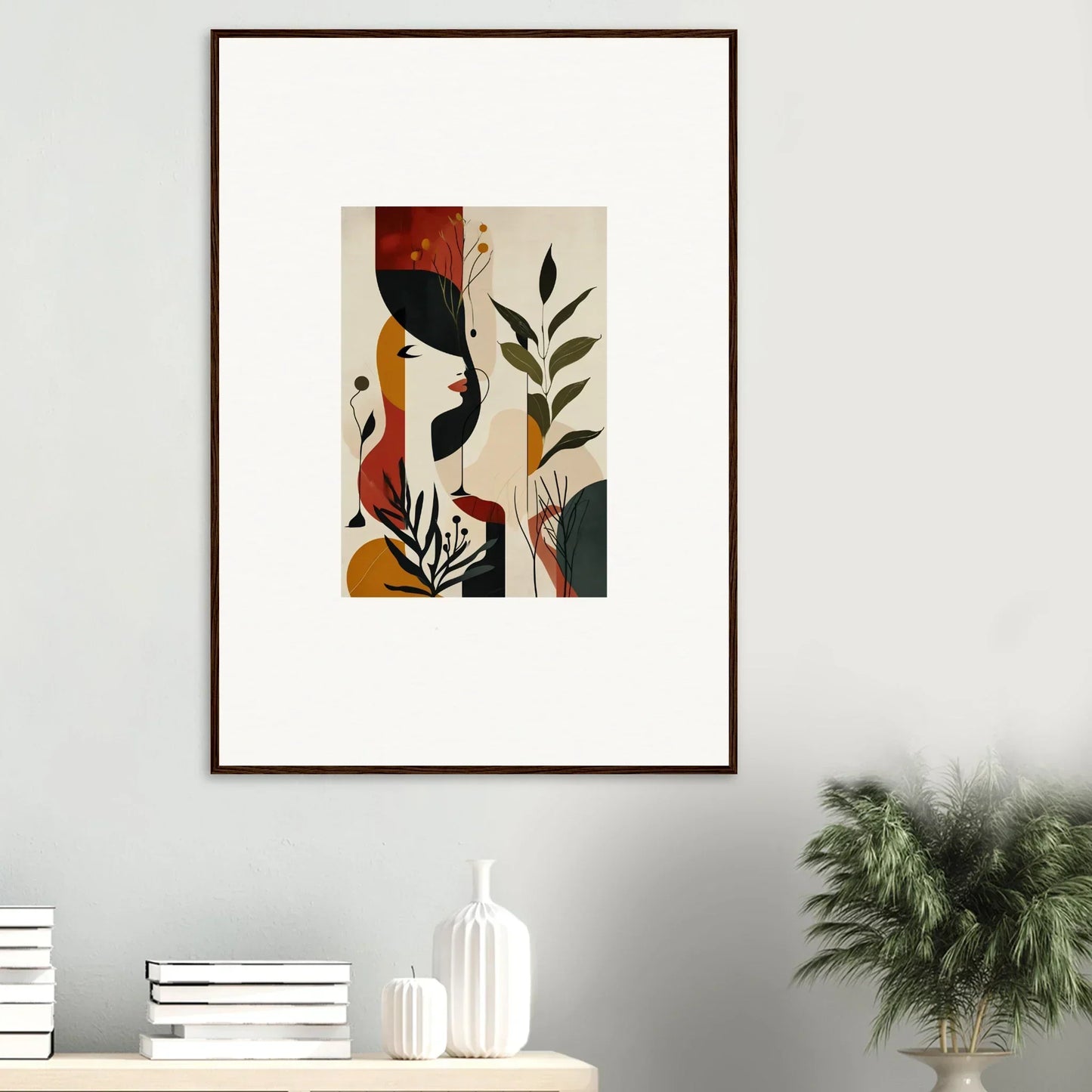 Framed abstract art with botanical and figurative elements for room decoration