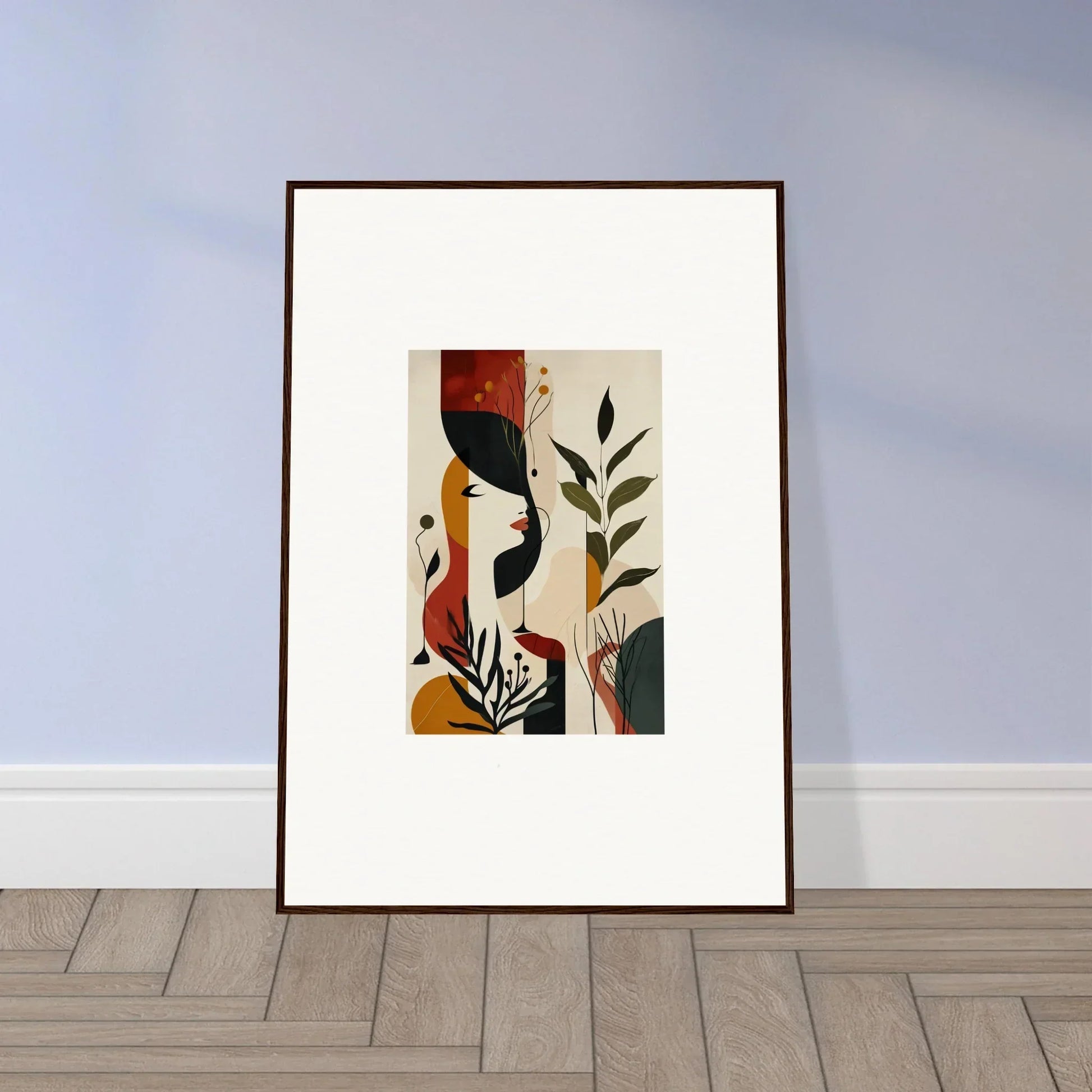 Framed abstract canvas print with earthy stylized plants for unique room decoration